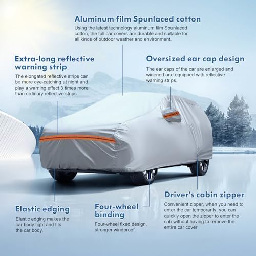 6-Layer Full Car Cover is All-Weather Waterproof, Fit for 205"-216" Length Sedan, Universal in All Seasons, Snow Prevention, Rainproof, Acid Rainproof, Sunscreen, Orange Reflective Strip