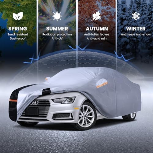 Multi-Layer Car Cover Custom Fit for Audi A4 (2007-2026), 100% Waterproof All Weather for Automobiles, Gift with Towel, Heavy Duty Car Covers for Rain Sun UV Protection with Door Zipper.