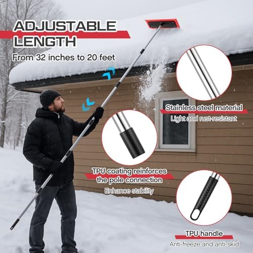 Chumia Snow Roof Rake 20ft Reach 15.75"x6.5" EVA Foam Adjustable Pole
