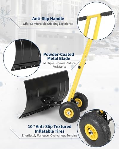 TrailBlaze Heavy Duty Rolling Snow Shovel with Wheels – 29x20 Extra Wide Metal Blade – Adjustable Angle & Height Ergonomic Handle – Anti-Slip Pneumatic Tires – Ideal for Driveways, Sidewalks,