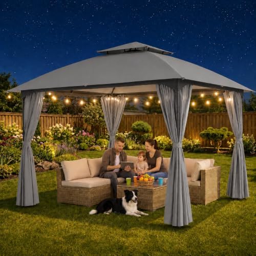 LAUSAINT HOME 10'x10' Patio Arc Gazebo, Outdoor Canopy Tent with Curved Roof Design, Double Tier Top, Privacy Curtains & Wind-Resistant Ropes, Backyard Garden Lawn, Gray