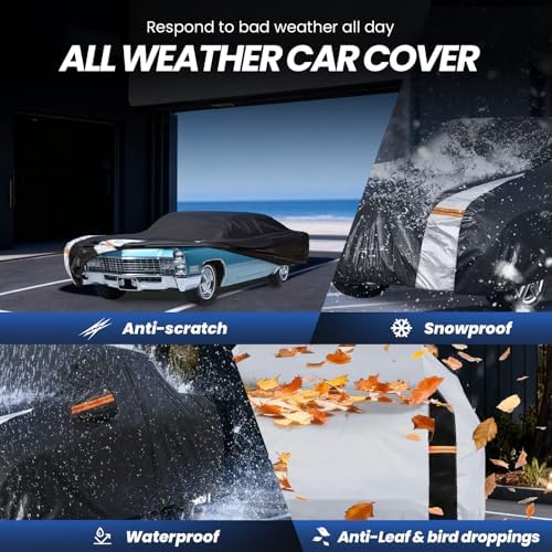 Multi-Layer Sedan Car Cover Custom Fit for Cadillac DeVille(1960-1980), 100% Waterproof All Weather for Automobiles, Gift with Towel, Heavy Duty Car Covers for Rain Sun UV Protection with Door Zipper.