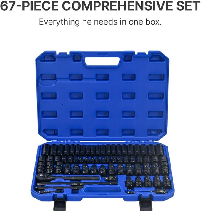 67-Piece Impact Socket Set 3/8 Inch Drive, Deep and Shallow Sockets with 72-Tooth Ratchet, Extension Bars, Universal Joints, CR-V Heavy Duty Mechanic Tool Kit with Case, Black&Blue