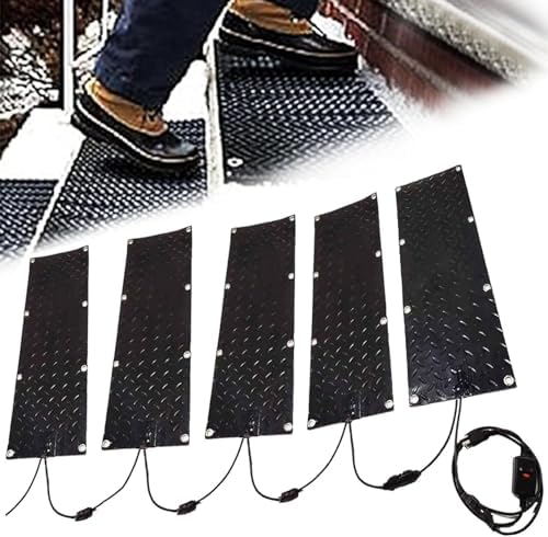 Heated Snow Melting Mats for Entrances 1/2/3/4/5 pcs No-Slip Heating Stair Heating Mats,Heated Outdoor Mats W/5ft Power Cord Snow Melting Mats for Winter Snow Removal(5 Pcs,10x48in/(25.4x120c