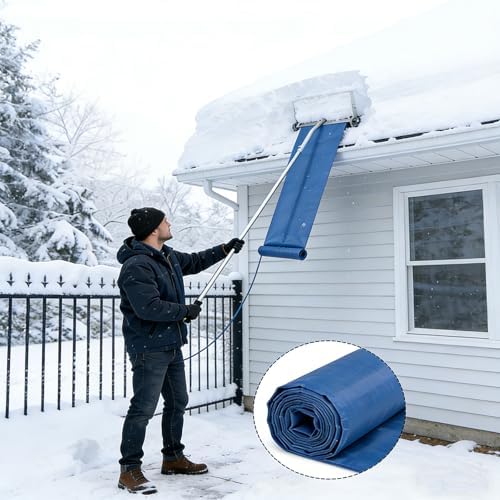 Telescoping Roof Snow Rake 20/29FT Adjustable Aluminum Snow Removal Shovel with Rolling Wheels and Slide Cloth for House Cottage Roof Snow Clearing(20 FT, White)