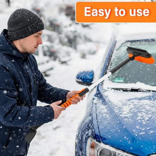 1 Pcs 33" to 39" Extendable Snow Brush and Ice Scraper for Car Windshield 3 in 1 Telescoping Handle with Detachable Brush Squeegee Foam Grip for Car SUV Truck Snow Winter Removal Orange