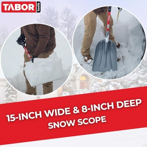 TABOR TOOLS J218A Snow Scoop Shovel with 15 Inch Wide Poly Blade & Fiberglass Handle, Large Scoop Shovel for Driveway, Sidewalk & Deck, Ergonomic D-Grip, Short 26 Inch Handle