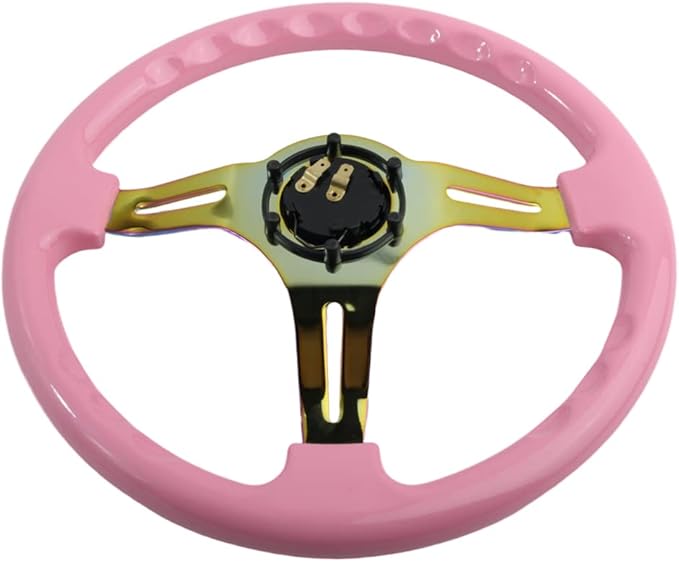Classic Pink Racing Steering Wheel Neo Chrome Spoke 350mm 13.5" Deep Dish ABS Hard Wood Steering Wheel with Horn Button