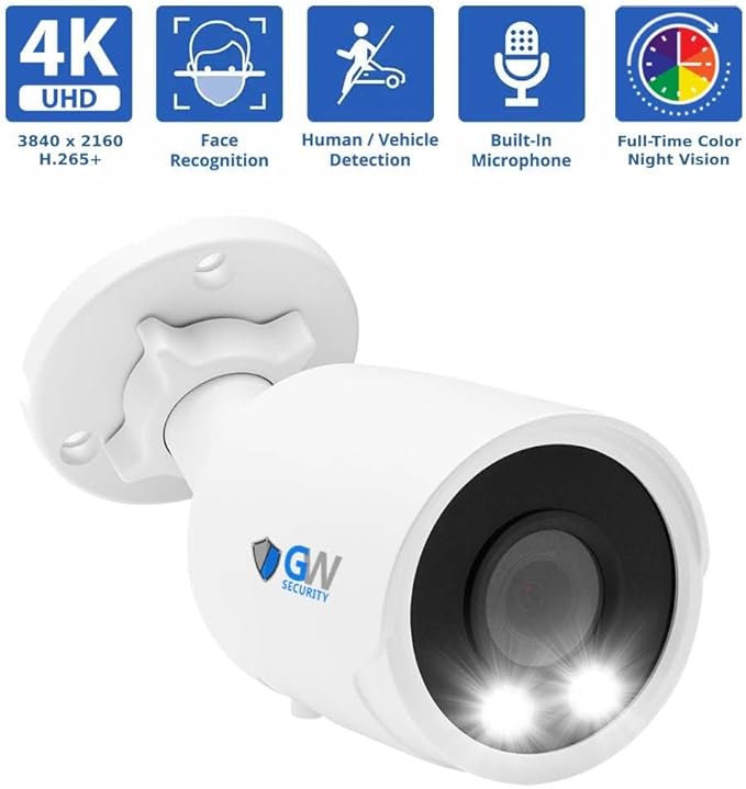 GW 4K Outdoor Indoor Face Recognition/Human/Vehicle Detection Business Security Camera System, 64 Channel Commercial 12MP NVR, 48 x 4K Smart AI IP Microphone Bullet Camera, 24TB Pre-Installed HDD