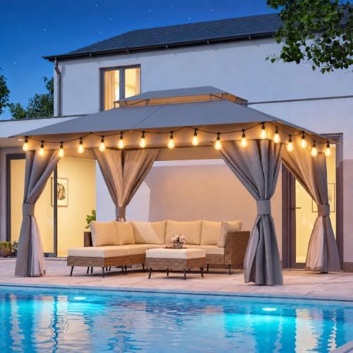LAUSAINT HOME 10x13 Gazebo with Lights, Netting, Curtains & Double Roof