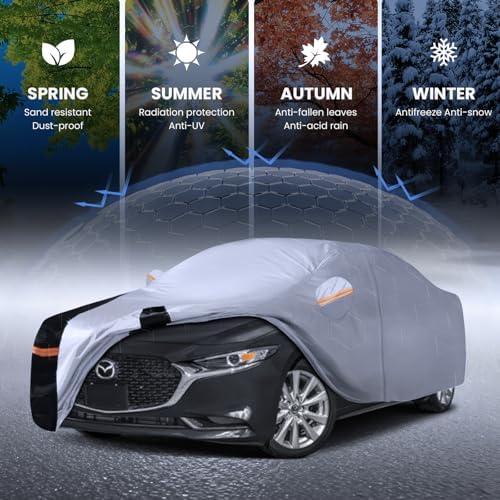 Multi-Layer Car Cover Custom Fit for Mazda 3 Sedan (2003-2026), 100% Waterproof All Weather for Automobiles, Gift with Towel, Heavy Duty Car Covers for Rain Sun UV Protection with Door Zipper.
