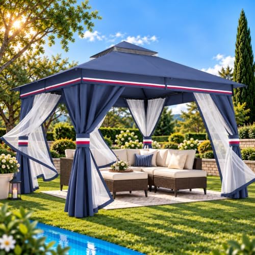 LAUSAINT HOME 10x10 Gazebo Canopy with Netting, Curtains & Double Roof