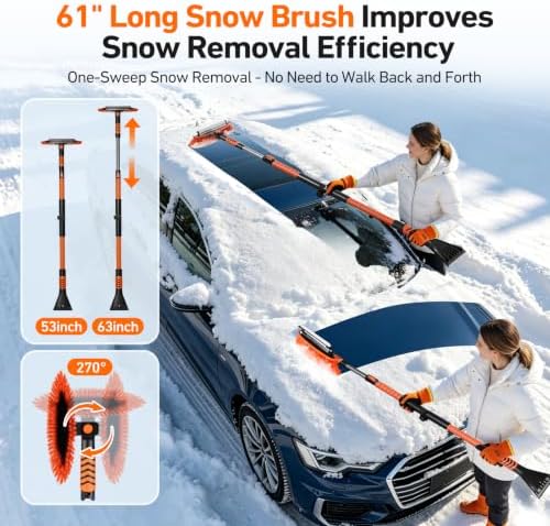 63" Extendable Long Snow Brush with Ice Scraper for Car Truck SUV Van