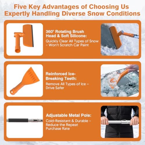 Upgraded 63" Extra Long Snow Brush with Ice Scraper for Car Windshield