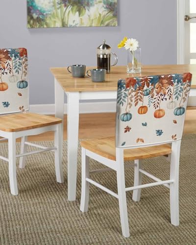 Thanksgiving Pumpkin Chair Back Covers Set of 8 Orange Blue White Maple Leaves Vintage Linen Texture Washable Removable Chair Cover Slipcover Protector for Dining Room Hotel Party Holiday Decor
