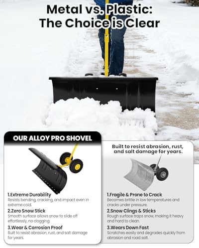 Garvee Snow Pusher with Wheels, 29" Heavy Duty Steel Blade, Adjustable Angle & Height Handle for Effortless Driveway Snow Removal, Ground Protection Base.
