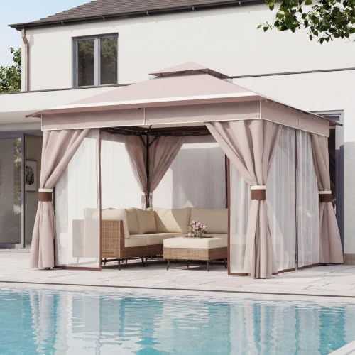LAUSAINT HOME 12x12 Gazebo Canopy with Netting, Curtains & Double Roof