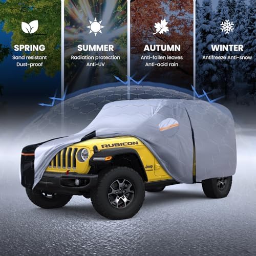 Multi-Layer Car Cover Custom Fit for Jeep Wrangler 2 Door CJ YJ JK JL(1987-2026), 100% Waterproof All Weather for Automobiles, Gift with Towel, Heavy Duty Car Covers for Rain Sun UV Protection.