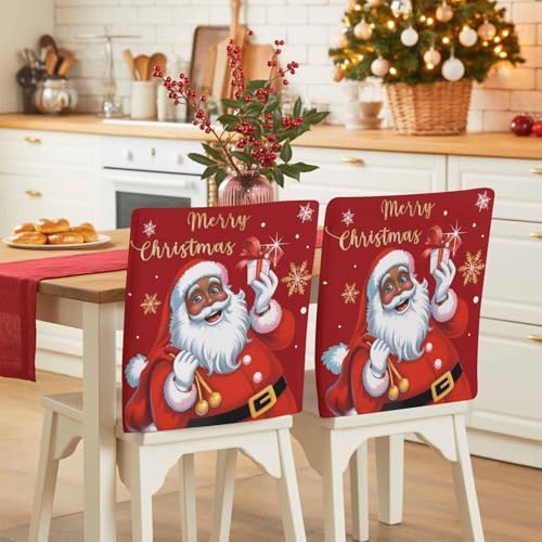 Merry Christmas Chair Back Covers Set of 8 Black Santa Claus Xmas Snowflake Gold Red Washable Removable Chair Cover Slipcover Protector for Dining Room Hotel Party Holiday Decor