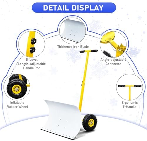 VINGLI Snow Pusher Shovel with Wheels, 29" Adjustable Ergonomic T-Handle Snow Plow for Driveway, Heavy Duty Wheeled Rolling Shovels for Snow Removal, Angle Adjustable (White & Yellow) (29"x18")