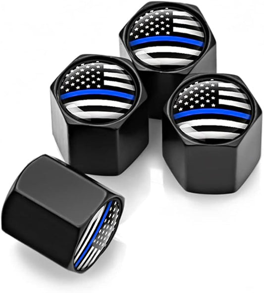 4PCS American Flag Tire Valve Stem Caps for Car, Auto Anti-Rust Airtight Rubber Valve Stem Covers, Leakproof Wheel and Tire Exterior Accessories Universal for Car, Bikes,Vehicles (Black/Blue)