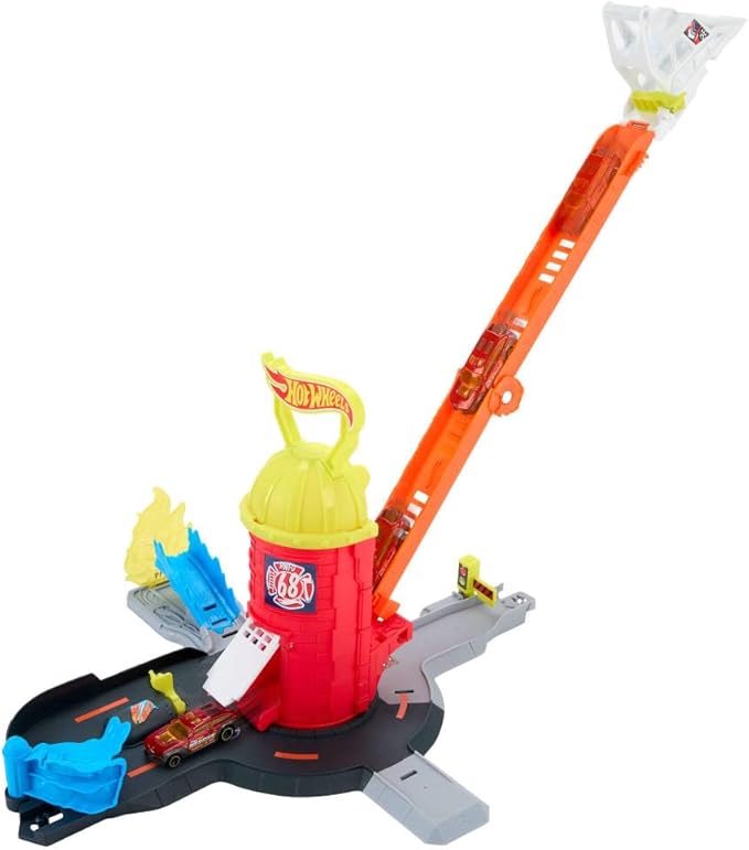 Hot Wheels Toy Car Track Set, City Super Fire Station Rescue Playset & 1:64 Scale Fire Truck, Ladder-Track Extends 16”, 4 Different Exits, Easy Storage