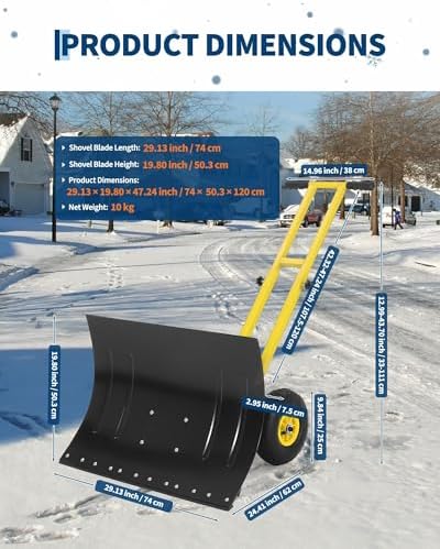 Snow Shovel with 29.13x19.8 in Wide Blade, Heavy Duty Rolling Snow Pusher