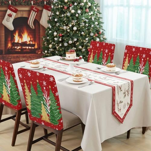Christmas Tree Chair Back Covers Set of 8 Winter Snowflakes Stars Green Gold Tree Watercolor Red Bottom Washable Removable Chair Cover Slipcover Protector for Dining Room Hotel Party Holiday Decor