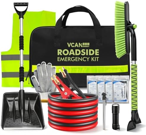 Winter Car Emergency Safety Kit Bag with Jumper Cables, Snow Shovel for Car