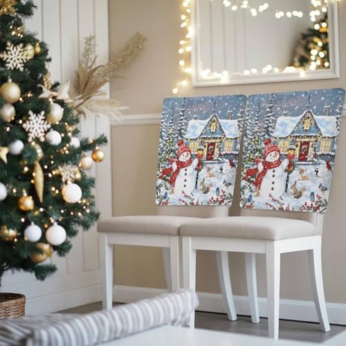 Christmas Snowman Chair Back Covers Set of 6 Xmas Tree Farmhouse Snowflake Washable Removable Chair Cover Slipcover Protector for Dining Room Hotel Party Holiday Decor