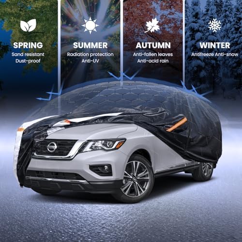 Multi-Layer Car Cover Custom Fit for Nissan Pathfinder(2004-2026), 100% Waterproof All Weather for Automobiles, Gift with Towel, Heavy Duty Car Covers for Rain Sun UV Protection with Door Zipper