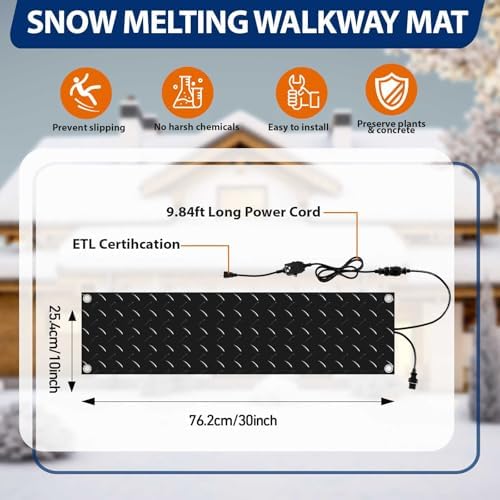Riakrum 4 Pcs Heated Snow Melting Mats Outdoor, 10 x 30 in Winter Anti-Slip Heated Rubber Mat for Walkways Decks and Sidewalks, Electric Snow and Ice Melting Pads Connection with 9.84 ft Power Cord