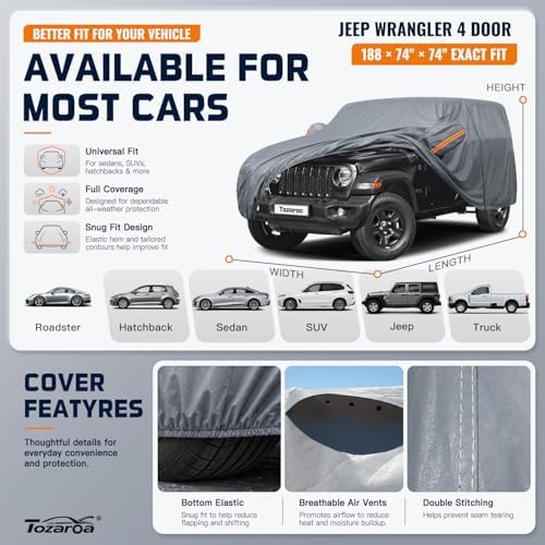 Jeep Wrangler 4 Door Cover Waterproof All-Weather,Outdoor Full Exterior SUV Car Cover for Wrangler JKU JLU(2007-2026),with Windshield Sun Shade,Towel&Storage Bag,Size J4 (See SizeChart)