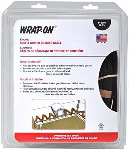 Wrap-On Roof and Gutter Deicing Cable - 80' Black Electric Heating Cord with 3 Prong Plug & 120 Volt Operation - 14081