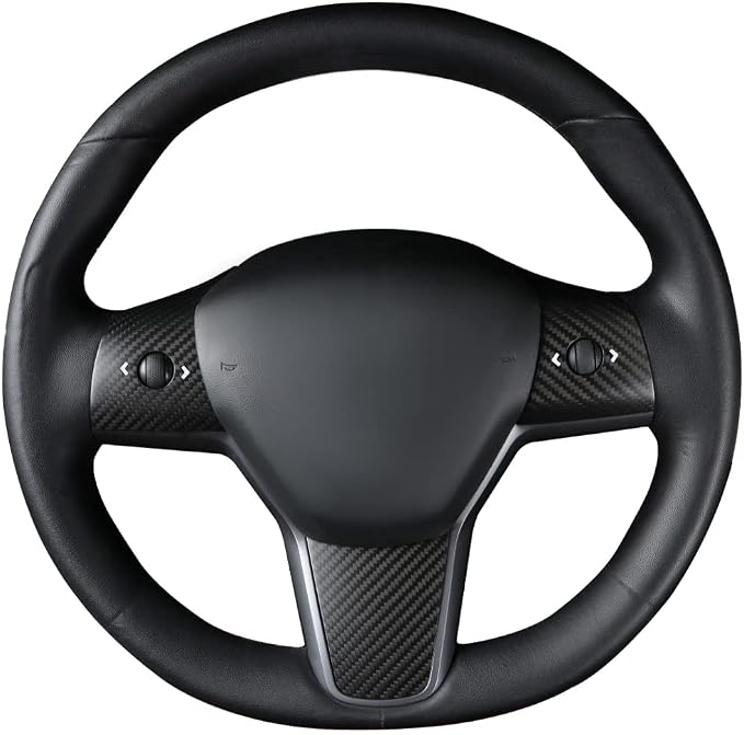JSWAN Carbon Fiber Steering Wheel Panel Cover for Tesla Model 3 (2017 to 2023) Model Y (2020 to 2024) Steering Wheel Button Frame Wrap Accessories (Matte Black Panel Cover)