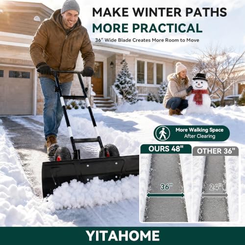 YITAHOME 36" Snow Shovel with Wheels, Heavy Duty Snow Pusher