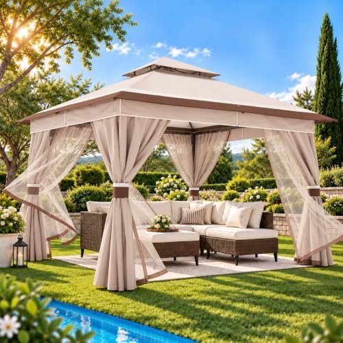 LAUSAINT HOME 10x10 Gazebo Canopy with Netting, Curtains & Double Roof