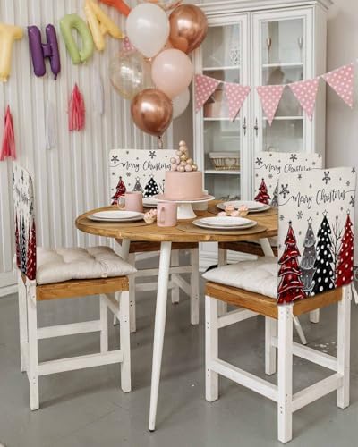 Merry Christmas Chair Back Covers Set of 8 Cartoon Xmas Tree Snowflake Plaid Red Dot Linen Washable Removable Chair Cover Slipcover Protector for Dining Room Hotel Party Holiday Decor