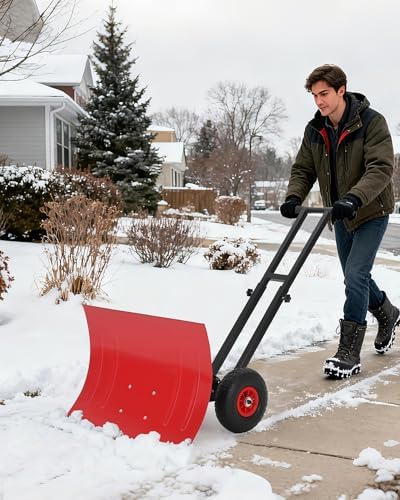 TrailBlaze Heavy Duty Rolling Snow Shovel with Wheels – 29x20 Wide Metal Blade – 5-Position Adjustable Ergonomic Handle – Anti-Slip Design – Commercial Snow Removal for Driveways, Sidewalks, Pavement