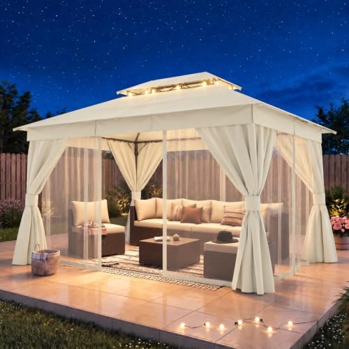 LAUSAINT HOME 10x13 Gazebo Canopy with Netting, Curtains & Double Roof