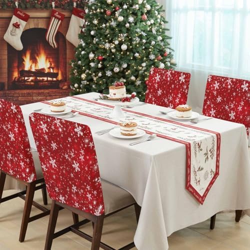 Christmas Chair Back Covers Set of 4 Winter Red Snowflakes Shinny White Stars Retro Washable Removable Chair Cover Slipcover Protector for Dining Room Hotel Party Holiday Decor