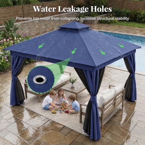 LAUSAINT HOME 12x12 Gazebo Canopy with Netting, Curtains & Double Roof