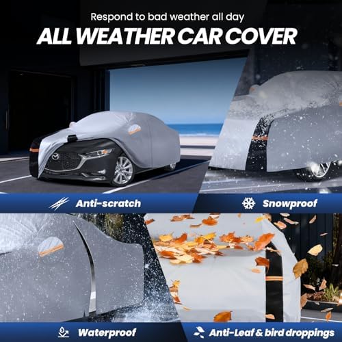 Multi-Layer Car Cover Custom Fit for Mazda 3 Sedan (2003-2026), 100% Waterproof All Weather for Automobiles, Gift with Towel, Heavy Duty Car Covers for Rain Sun UV Protection with Door Zipper.