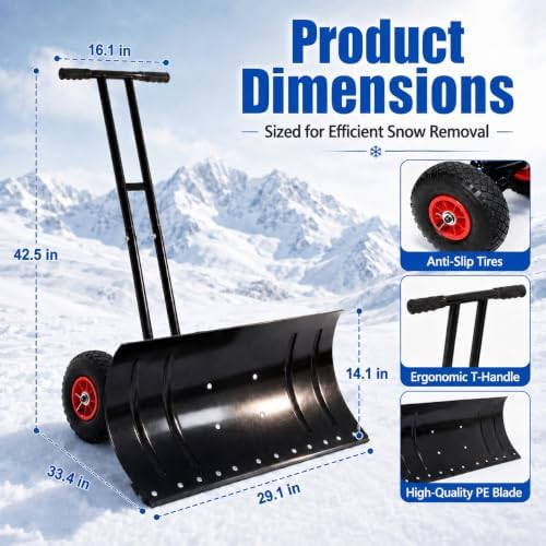 29" Metal Snow Shovel with Wheels, Ergonomic Handle for Snow Removable