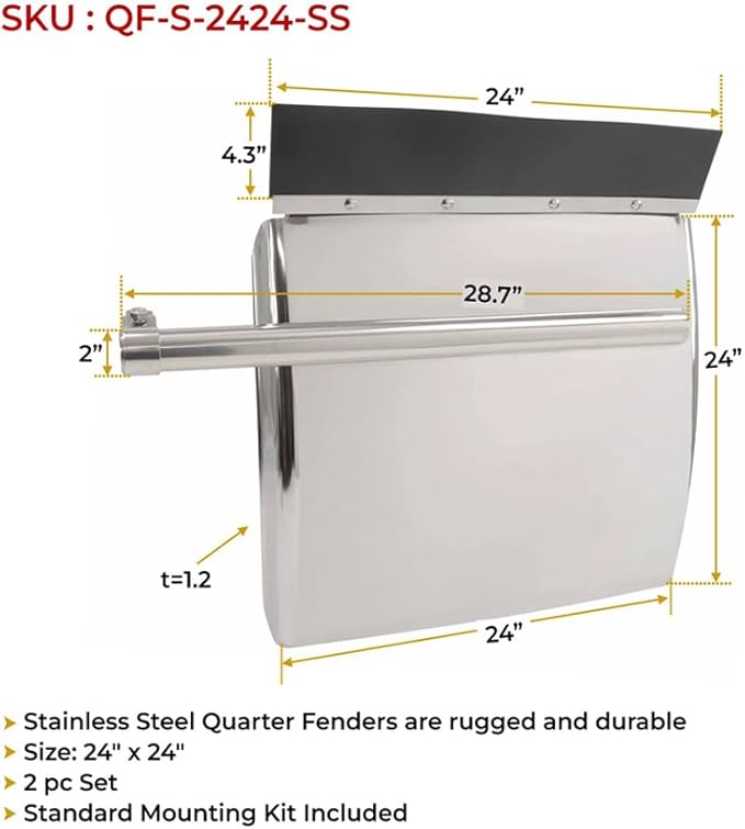 Mytee Products 2 Pack Quarter Fender for Semi Truck 24"x24" Stainless Steel - Half Semi Quarter Fenders with Mounting Tube Bracket Kit - Semi Truck Accessories for Kenworth Freightliner Peterbilt