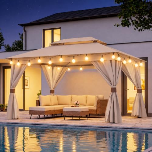 LAUSAINT HOME 10x12 Gazebo with Lights, Netting, Curtains & Double Roof