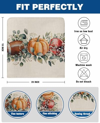 Thanksgiving Pumpkin Chair Back Covers Set of 6 Football Helmet Eucalyptus Leaf Linen Watercolor Washable Removable Chair Cover Slipcover Protector for Dining Room Hotel Party Holiday Decor