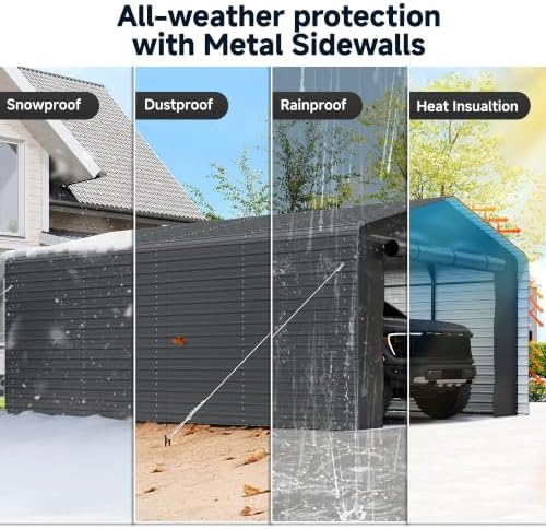 Real Relax 12x20 FT Metal Carport with Side Panels & PE Sidewalls, Gray