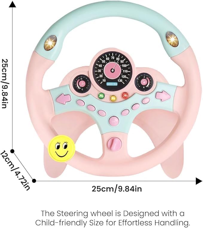 Kids Steering Wheel Toy for Car Backseat with Light and Music,Suction Cups Base-Interactive Simulated Driving Steering Wheel Toy for Toddlers Boys Girls,Pink