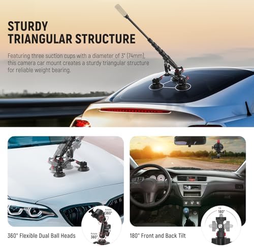 NEEWER Triple Suction Cup Car Mount for Action Cameras, CA065